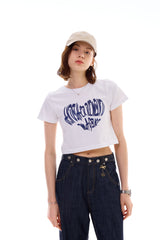 ハートスローガンクロップTシャツ / ブルー