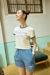 Campus Lover Cream Crop Short-Sleeved Ringer T-Shirt [For Women]