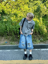 Double destroyed denim bermuda pants 1C