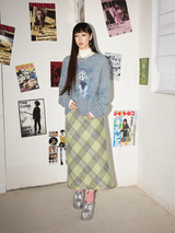 Contrast color tweed check retro high-waisted A-line skirt