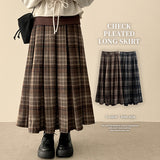 Uni Classic Back Banding Check Pleated Long Skirt