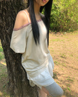 Doen Lace Off-Shoulder Short Sleeve T-Shirt