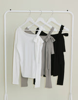 (Napping T-shirt) Euren One Shoulder Ribbon Tie Long-Sleeved Warmer T-Shirt
