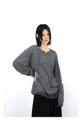 RELABEL (Vision) ライトウェイトベルベティストライプパッチワークロングスリーブTシャツスタッドディテール＆スクープネック