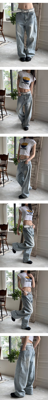 [Unisex] Side curve line wide denim pants(4color)