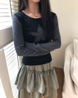 Emyu Star Patch Stripe Long Sleeve T-Shirt