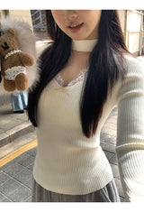 Choker V-neck Lace V-neck Long Sleeve T-shirt