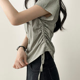 Shirin ストライプサイドストリング半袖フード付きブラウスカーディガン