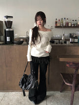 Fuzz Collar Rib Off-Shoulder Slit Long Sleeve Knit