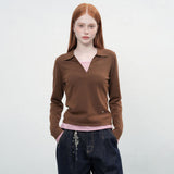 レイヤードシースルーVネックニット [BROWN]