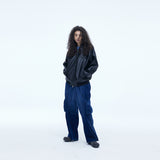 Washing Corduroy Cargo Banding Denim Pants Blue