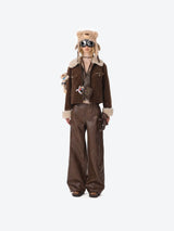 13DE MARZO Bear Lined Leather Pants Brown
