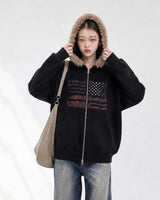 (UNISEX) USA Flag Fur Hood Zip-up