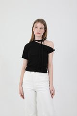 オフショルダーツイスト半袖Tシャツ Black