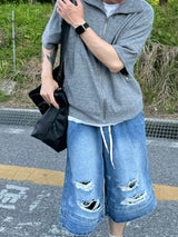 Double destroyed denim bermuda pants 1C
