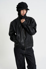 Curved leather overfit jacket