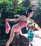 [ 3-piece / watery pink ] camellia frill halter bikini