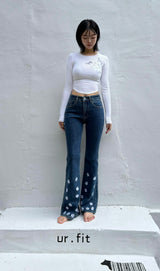 DARK BLUE EMBROIDERED SPANDEX BOOTCUT DENIM PANTS code 18315