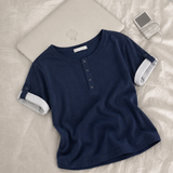 Roll-up button short-sleeve 💙 Tender Bejo Henry neck short-sleeve (6 colors)