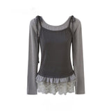 Ruffle Lace Trimming Contrast T-shirt 233103501