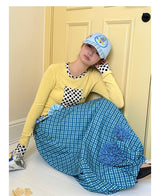 UnsocialNight2025 Autumn New Original Blue Plaid Stitching Casual Flower Flower Skirt Women