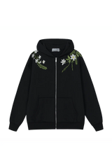 Floral Embroidered Hooded Fleece Jacket