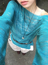 リビア ルーズフィット ボート ネック シースルー ニット