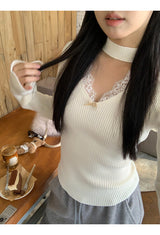 Choker V-neck Lace V-neck Long Sleeve T-shirt