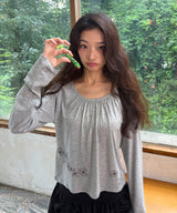 FLOWER SHIRRING SLIM LONG SLEEVE - MELANGE GRAY