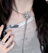 silver rose tie necklace