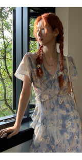 French flower shirring wrap dress