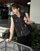 Black Wash Distressed Denim Vest