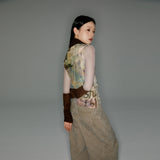 Retro fountain print coffee color stitching knitted contrast mesh bottom