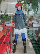 UnsocialNight original literary wool contrast colour フラワーアレンジメントプリントツイードジャケット detachableレースコート
