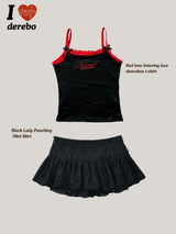 Red bow lettering lace sleeveless t-shirt