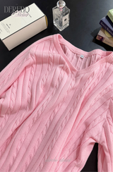 Baby Pink Twisted V-neck Loose Fit Knitwear