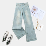 Light Wash Rhinestone Flare Jeans – Relaxed Wide Micro Flare Denim