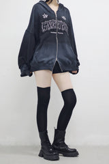 (Unisex) Wind Embroidery Dirty Hooded Zip-Up