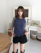 Pocky Check Button Roll-up Raglan Long Sleeve