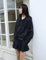 ストライプ ラッフル フーデッド シャツ(NAVY)