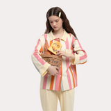 Vibrant Orange Contrast Striped Long Sleeve Pajama Set - 95% Cotton Cozy Sleepwear