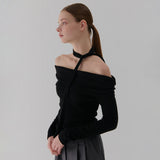 NECK RIBBON SHIRRING OFF-SHOULDER T SHIRT BLACK