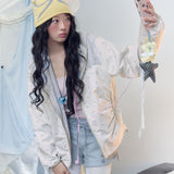 K-ファッション フローラル カラーブロック ルーズフィット フーデッド ウィンドブレーカー