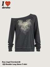 Rose Angel Oversized-fit Off-Shoulder Long Sleeve T-shirt