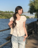 May Ribbon Pintuck Puff Blouse