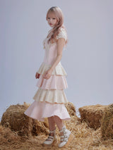Rose Island ツインシープスエードパットワークレースパフスリーブドレス