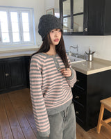 Hira Round Henley-Neck Buttoned Stripe Knit