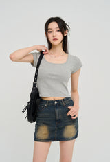 [U-BASIC] Poke Span Square Cap Sleeve T-Shirt