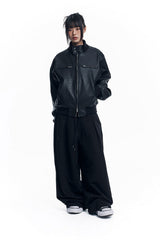 High Neck Leather Crop Jacket - Black