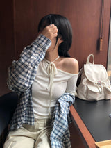 ワンショルダーリボンTシャツ